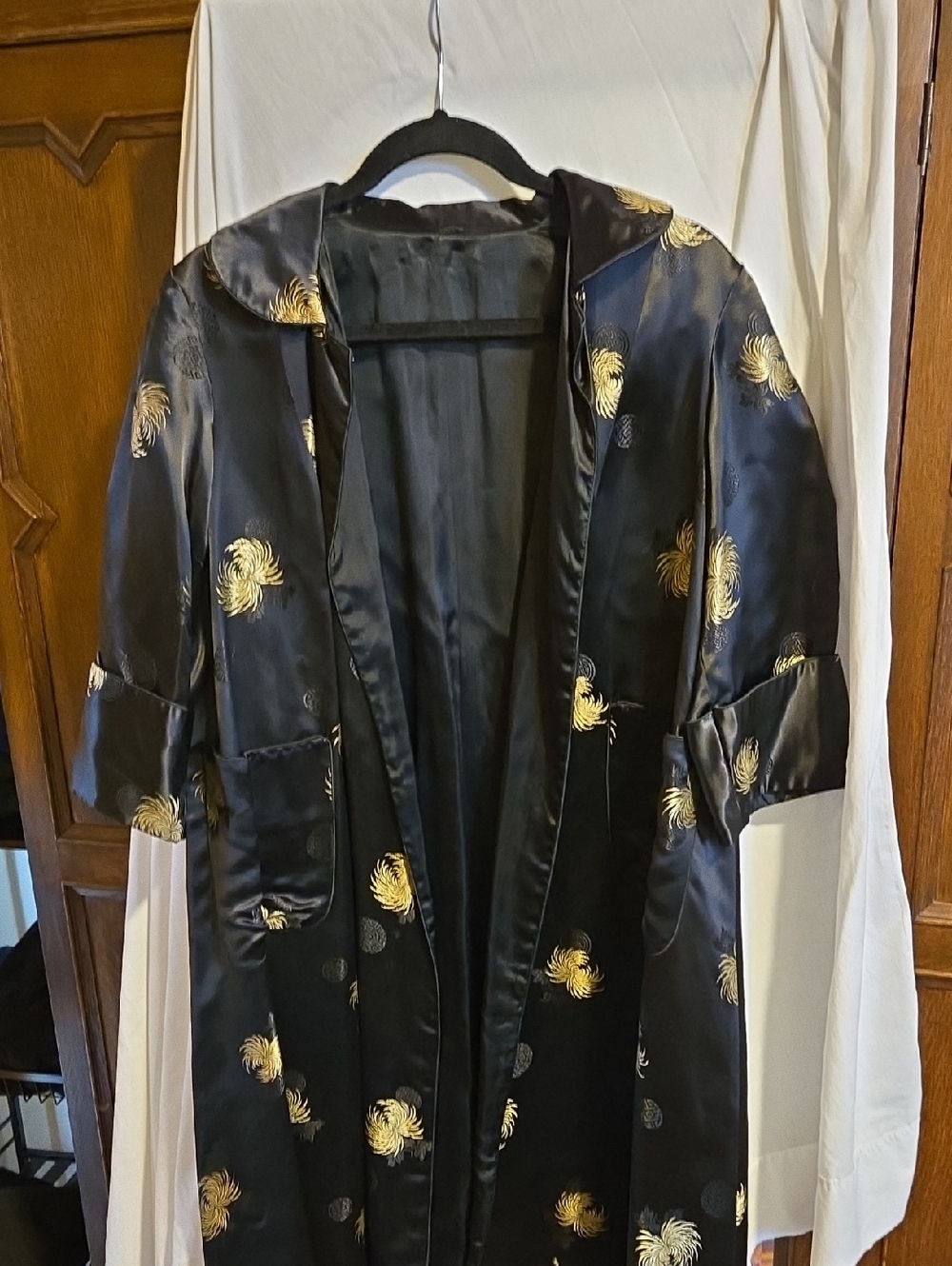 Vintage Black Satin Long Coat/Duster with Gold Floral Chinoiserie L Evening Coat